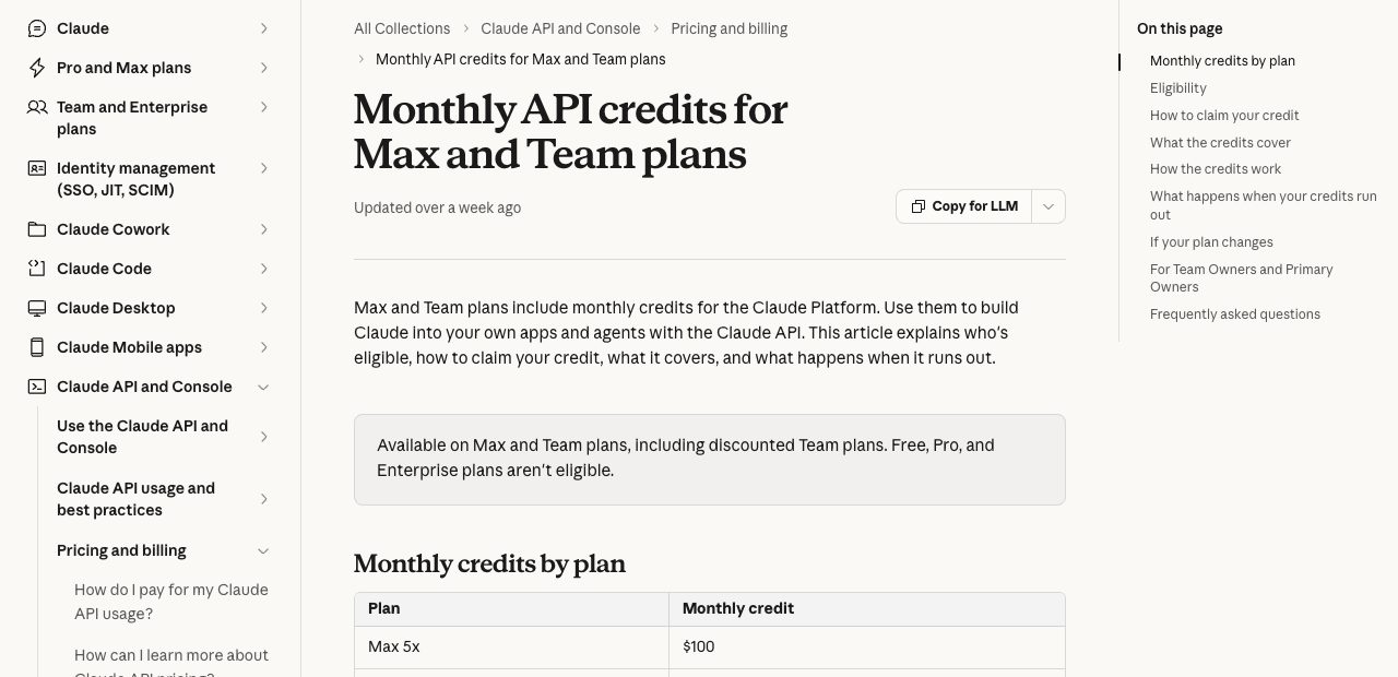 Claude 도움말 「Monthly API credits for Max and Team plans」