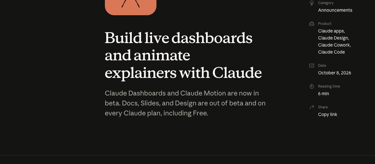 Claude 「Build live dashboards and animate explainers with Claude」